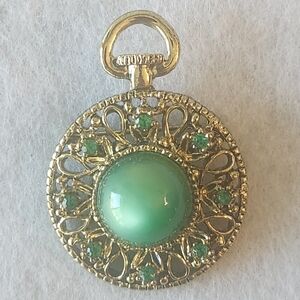 Vintage Gerrys Pocket Watch Moonglow Lucite Cabochon Green & Gold Pendant Brooch